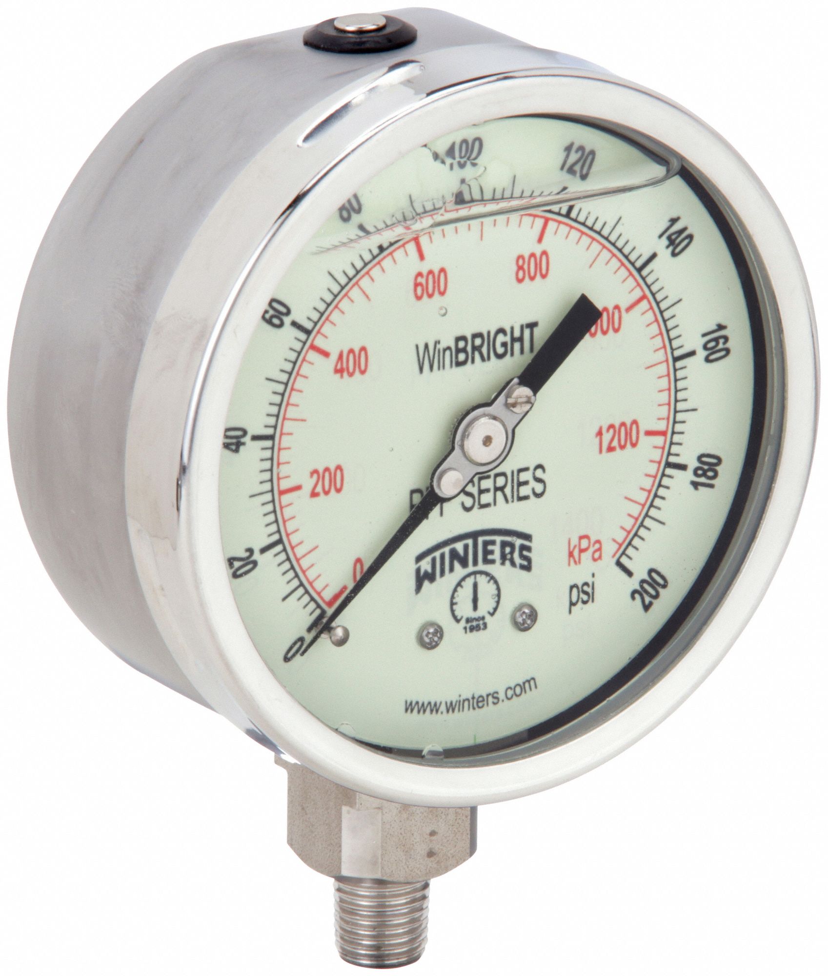 Industrial Pressure Gauge: 0 psi / Hg to 200 psi, 4 in Dial, 1/4 in NPT Male, Bottom, PFP