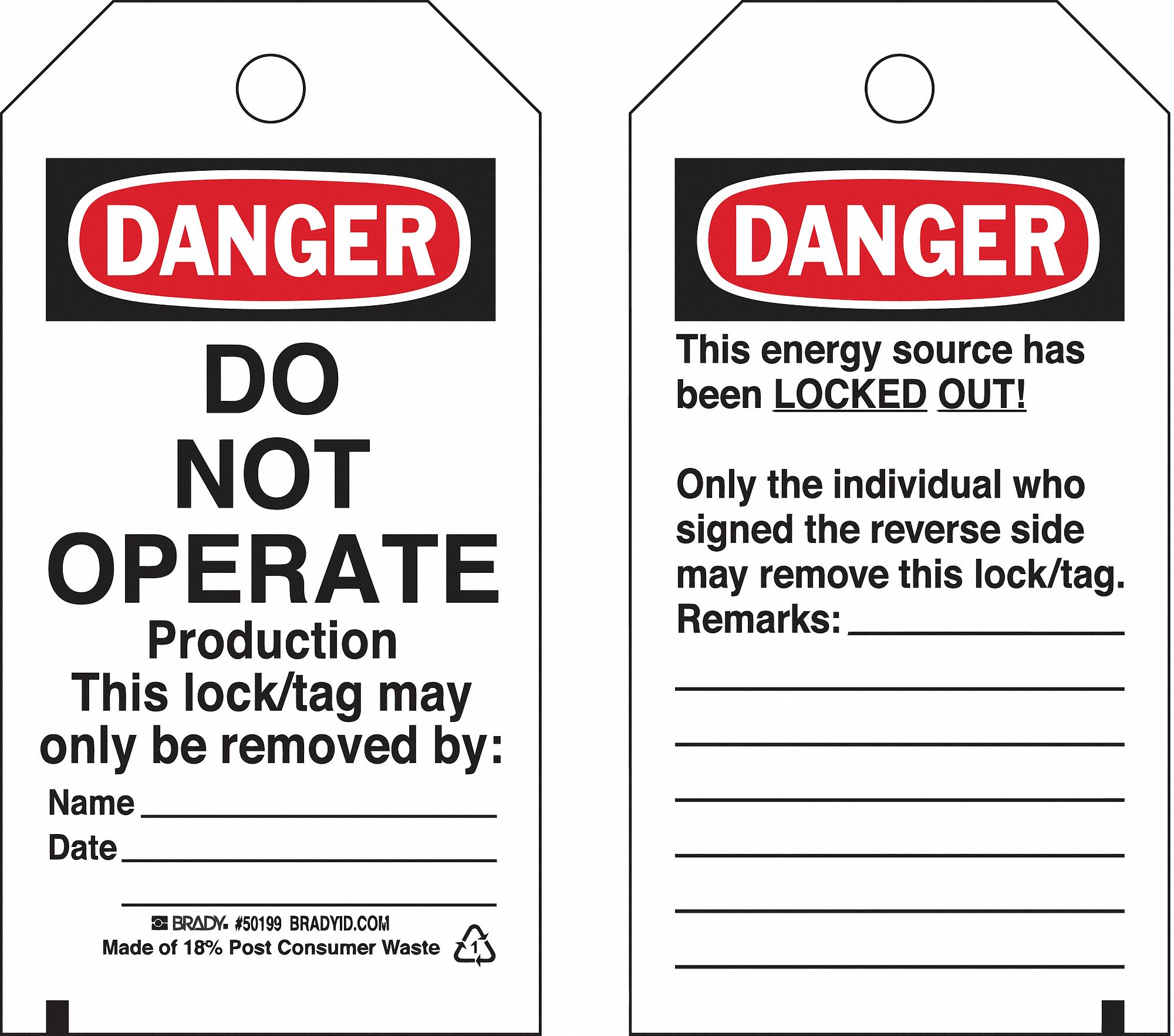 Lockout Tag: Danger, Danger Do Not Operate, Heavy Duty Polyester, Date/Name/Remarks, English