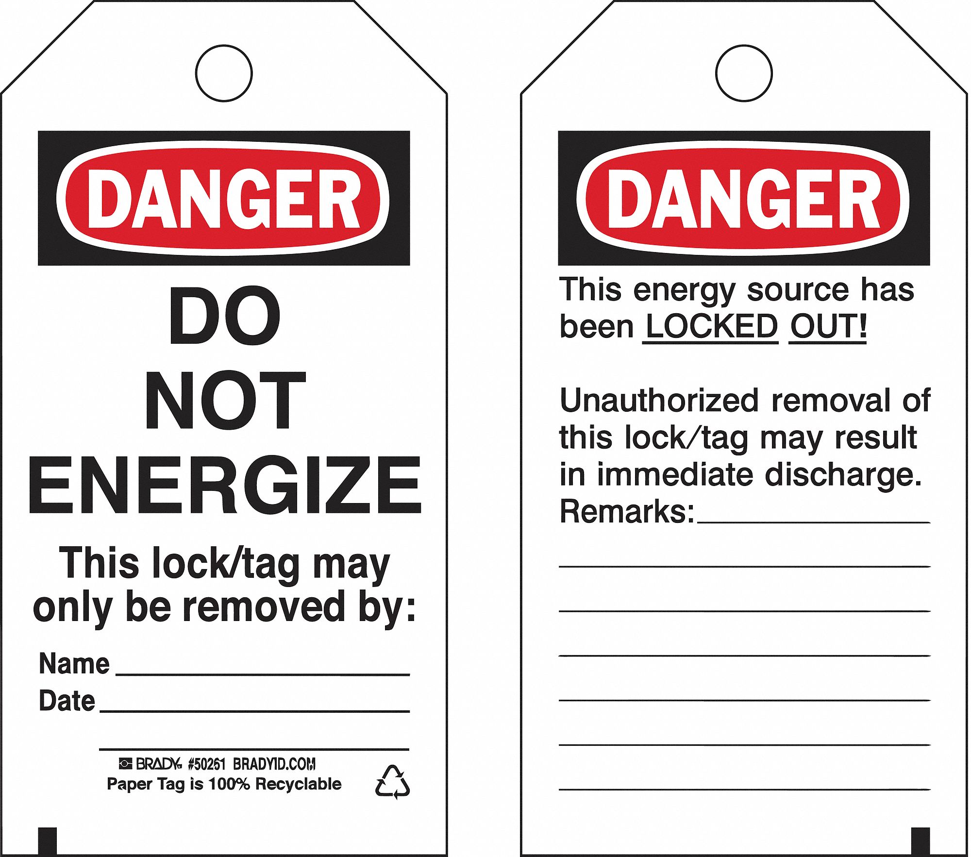 Lockout Tag: Danger, Danger Do Not Operate, Heavy Duty Polyester, Date/Name/Remarks, English