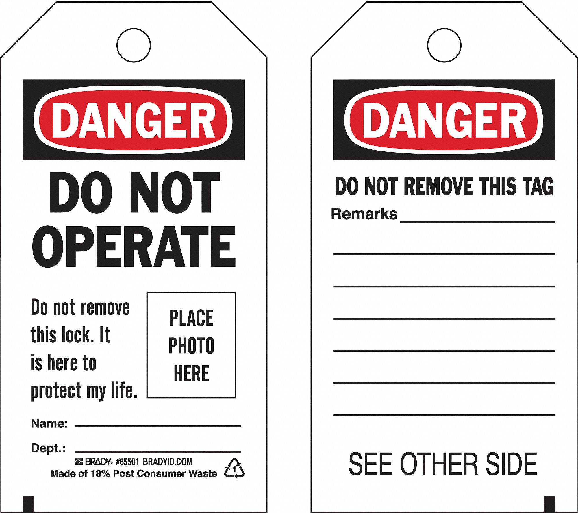 BRADY, Danger, Danger Do Not Operate, Lockout Tag - 489L56|65500 - Grainger