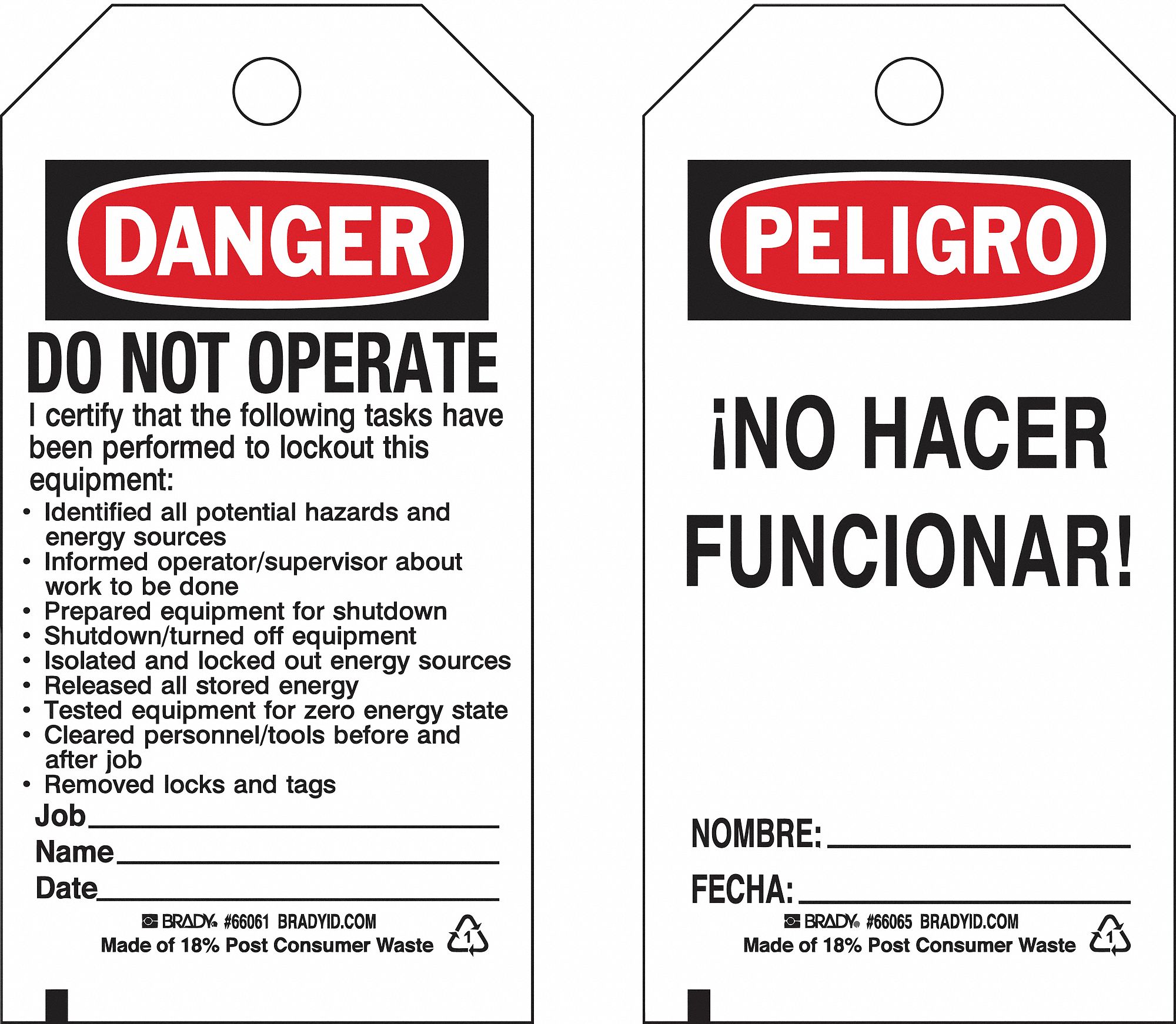 Lockout Tag: Danger/Peligro, Danger Do Not Operate, Heavy Duty Polyester, Fecha/Nombre, Tag