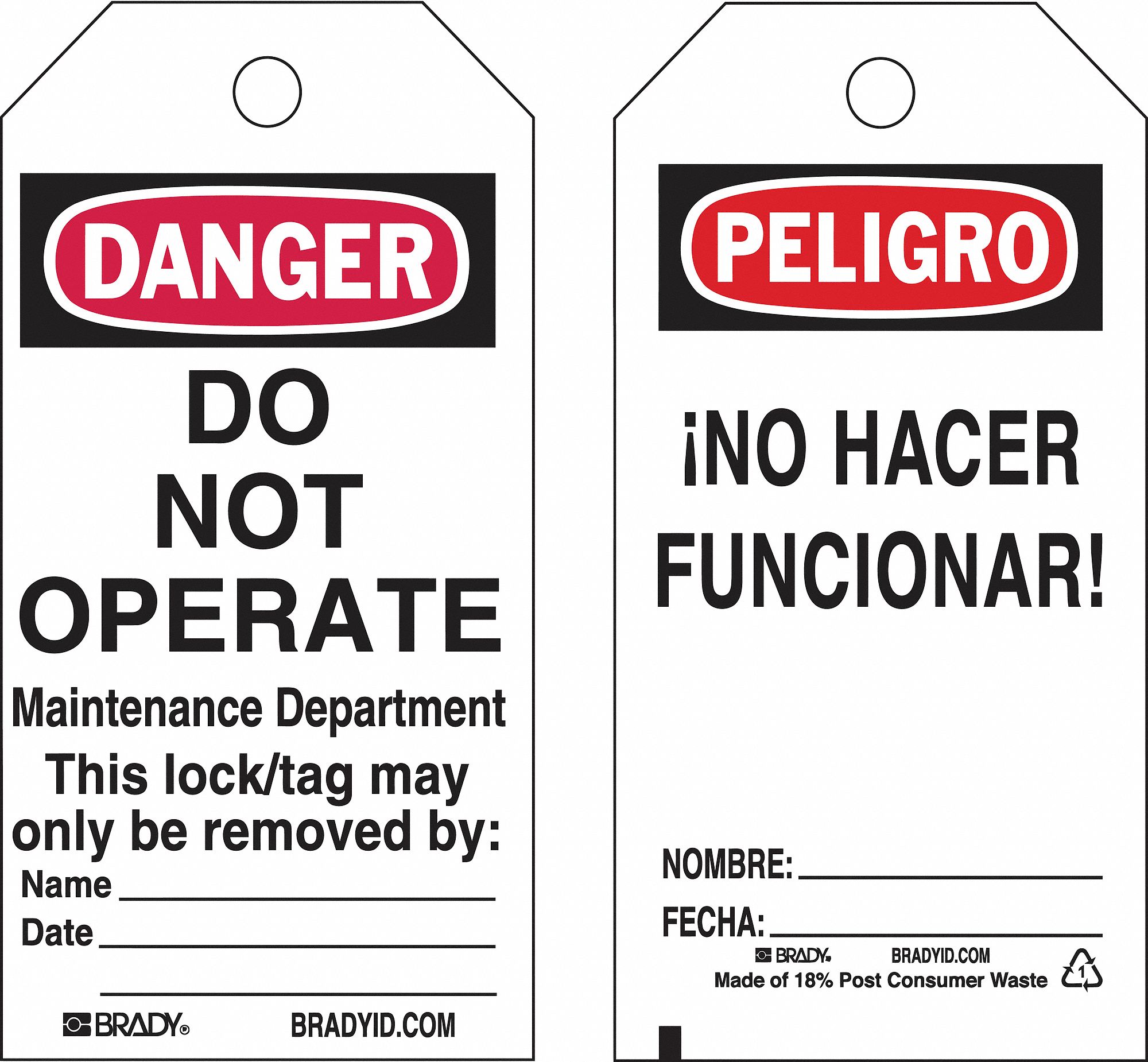 Lockout Tag: Peligro/Danger, Danger Do Not Operate, Heavy Duty Polyester, Write-On Surface