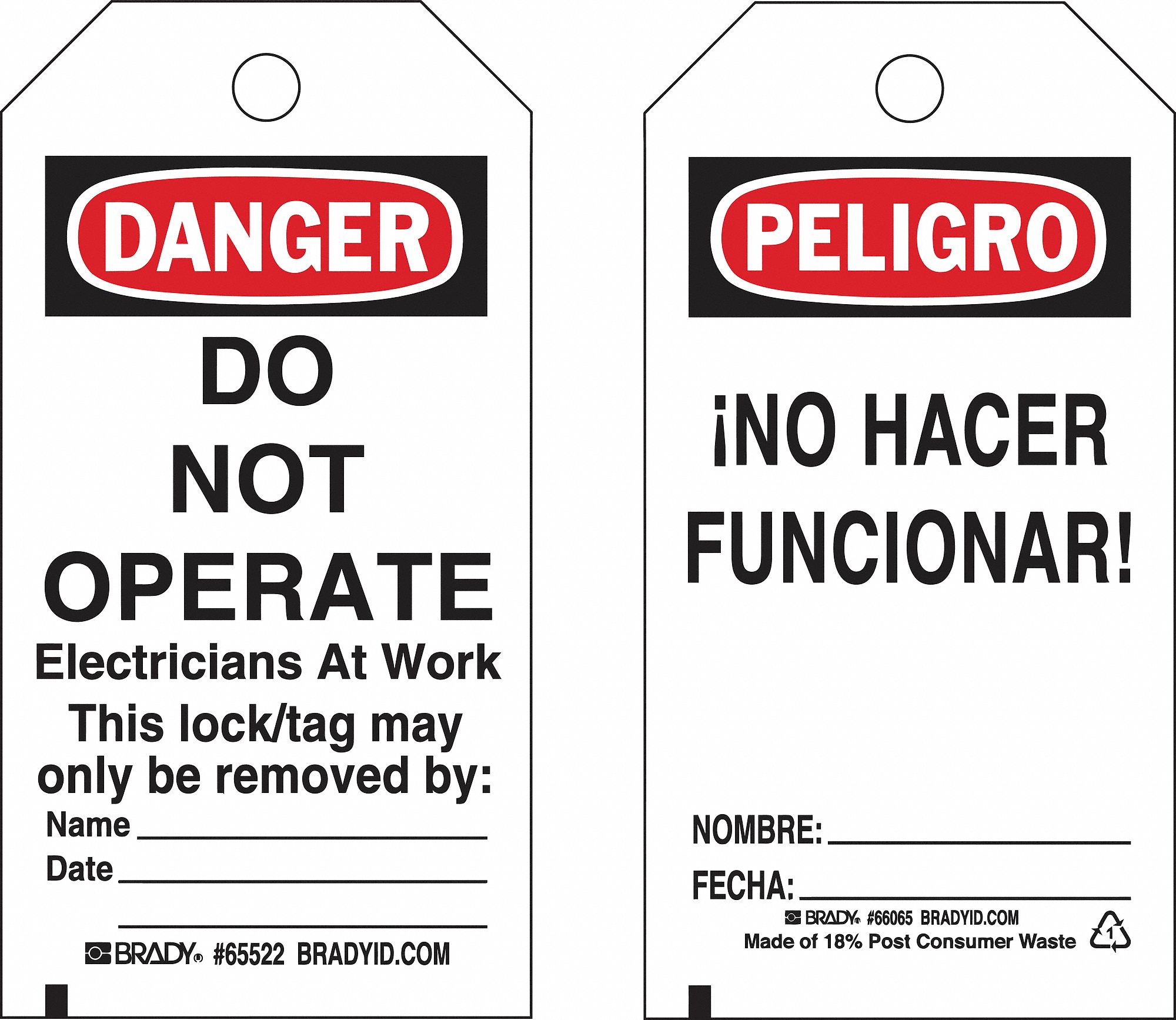 Lockout Tag: Danger/Peligro, Danger Do Not Operate, Heavy Duty Polyester, Write-On Surface