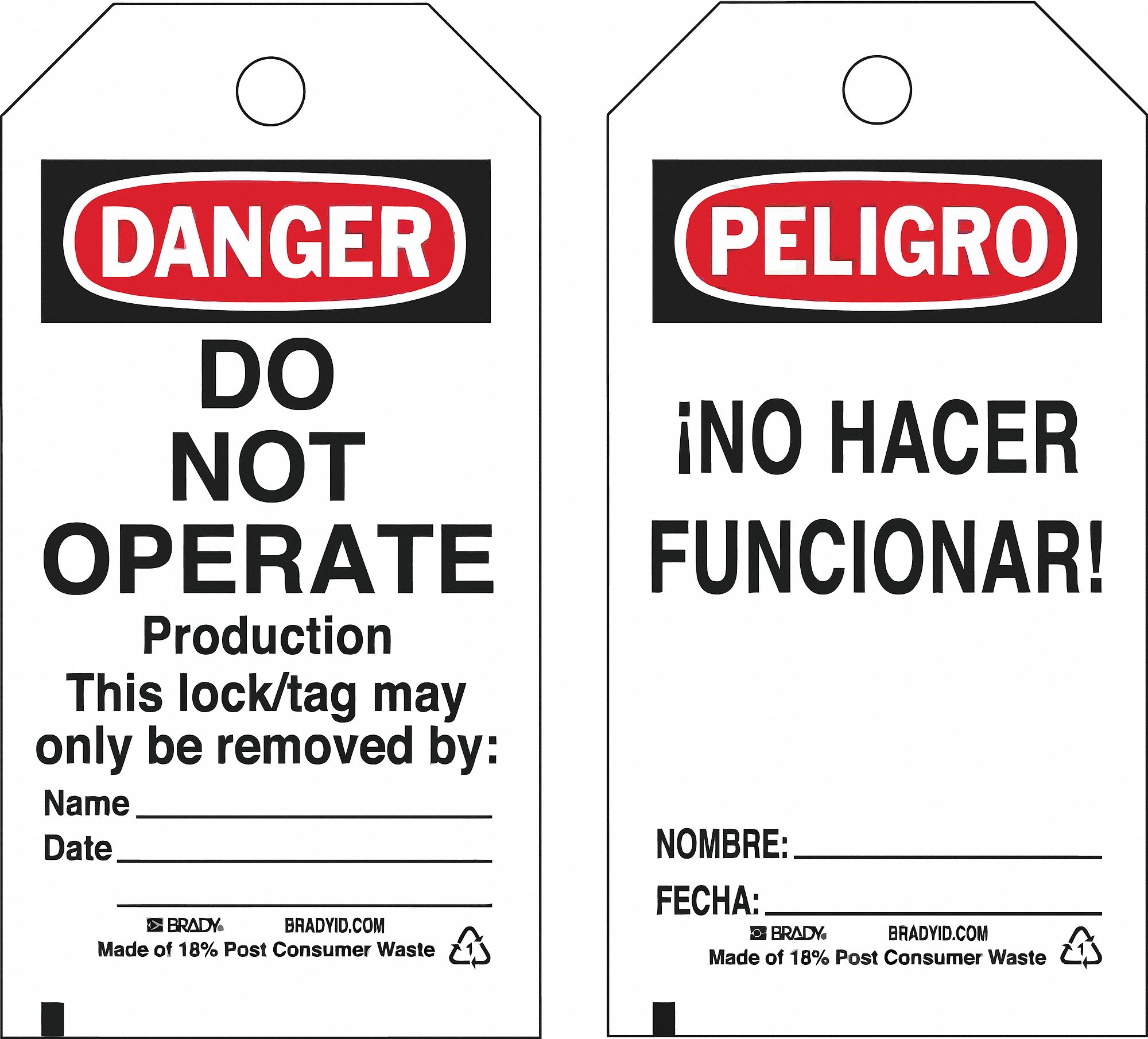 Lockout Tag: Danger/Peligro, Danger Do Not Operate, Heavy Duty Polyester, Write-On Surface