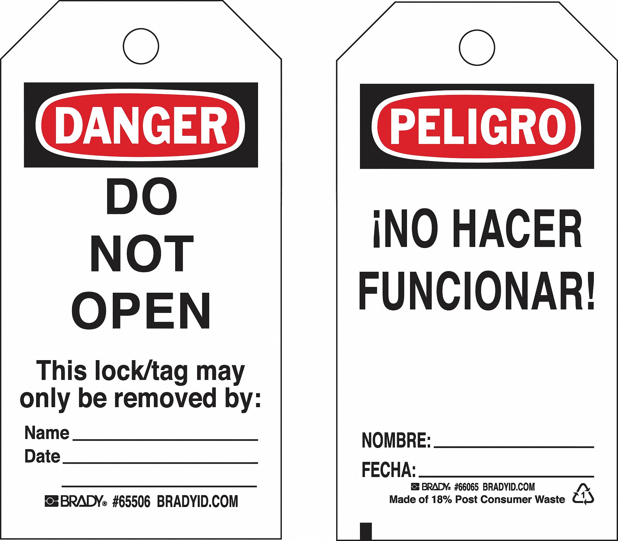 Lockout Tag: Danger/Peligro, Do Not Remove Tag, Heavy Duty Polyester, Date/Fecha/Name/Nombre