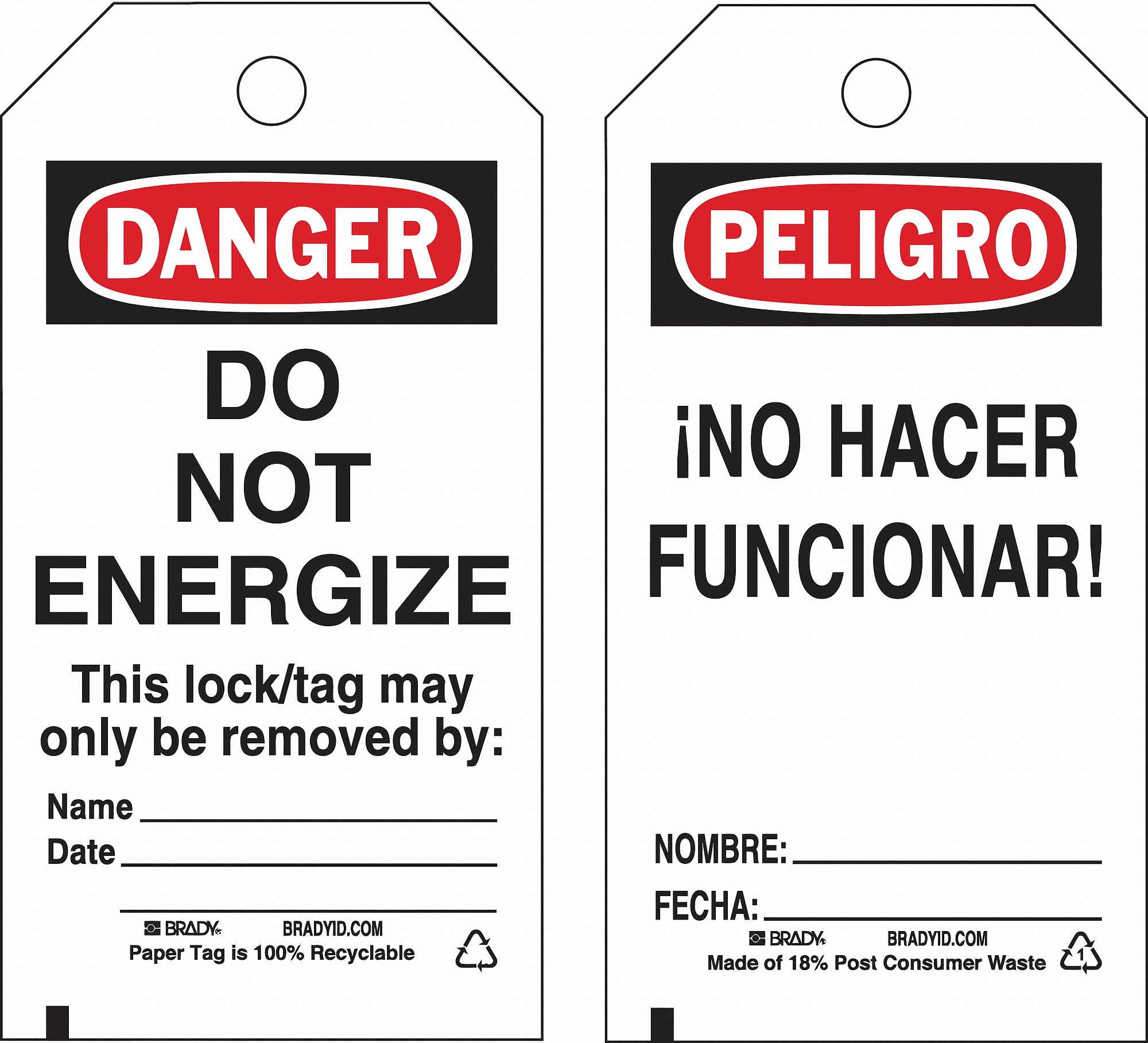 Lockout Tag: Danger/Peligro, Do Not Remove Tag, Paper, Date/Fecha/Name/Nombre, English/Spanish