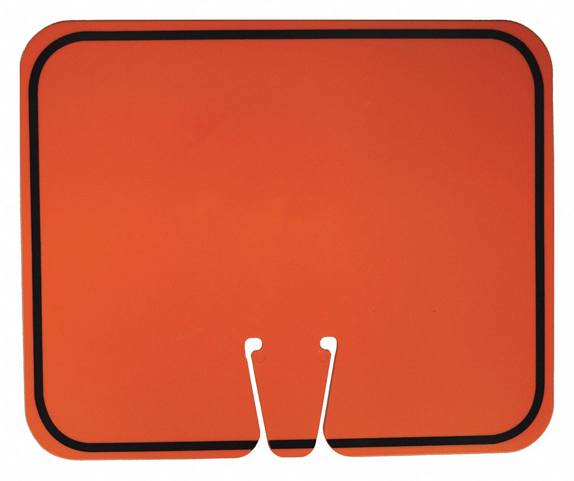 Traffic Cone Sign: Plastic, 10 3/8 in Ht, 12 3/4 in Lg, Orange/Black, Blank