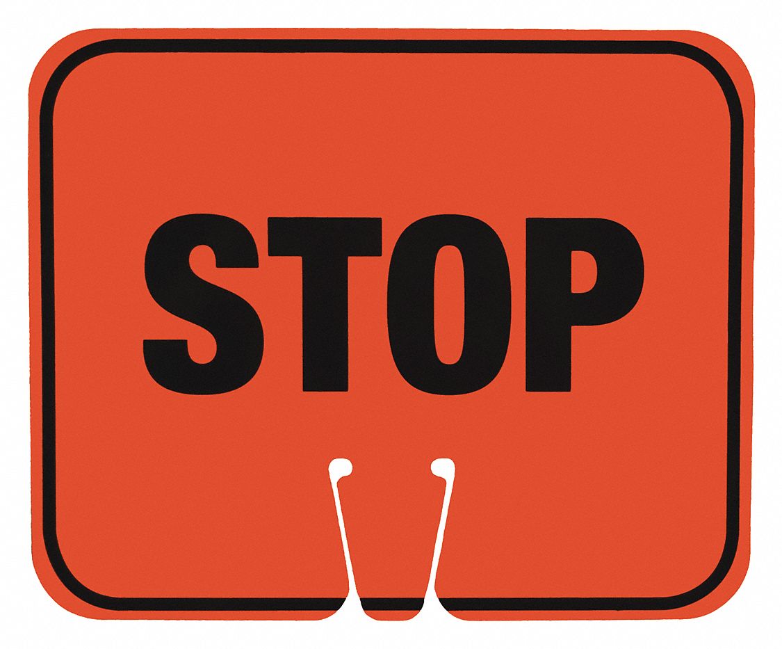 Traffic Cone Sign: Plastic, 10 3/8 in Ht, 12 3/4 in Lg, Orange/Black, Stop