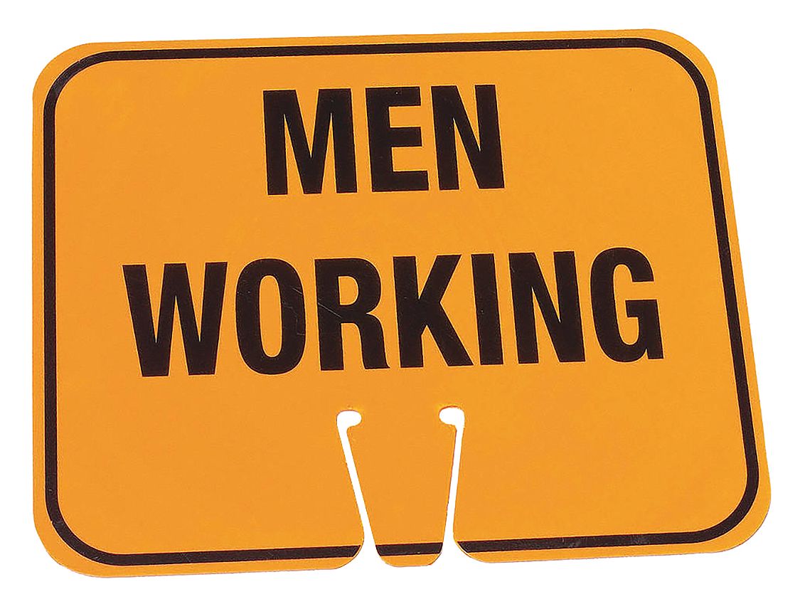 Traffic Cone Sign: Plastic, 10 3/8 in Ht, 12 3/4 in Lg, Orange/Black, Men Working