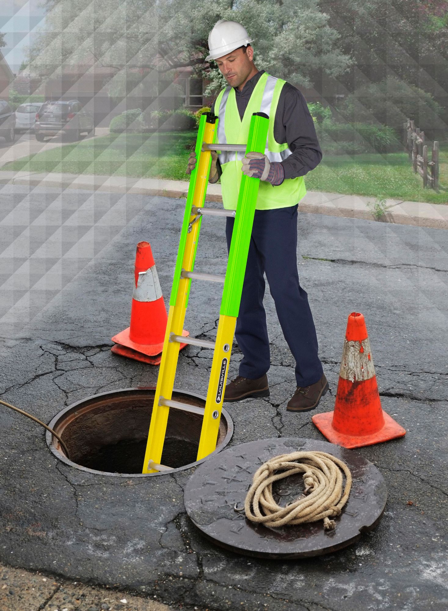 LOUISVILLE 14 ft Fiberglass Manhole Ladder, 375 lb Load Capacity, 14 1/