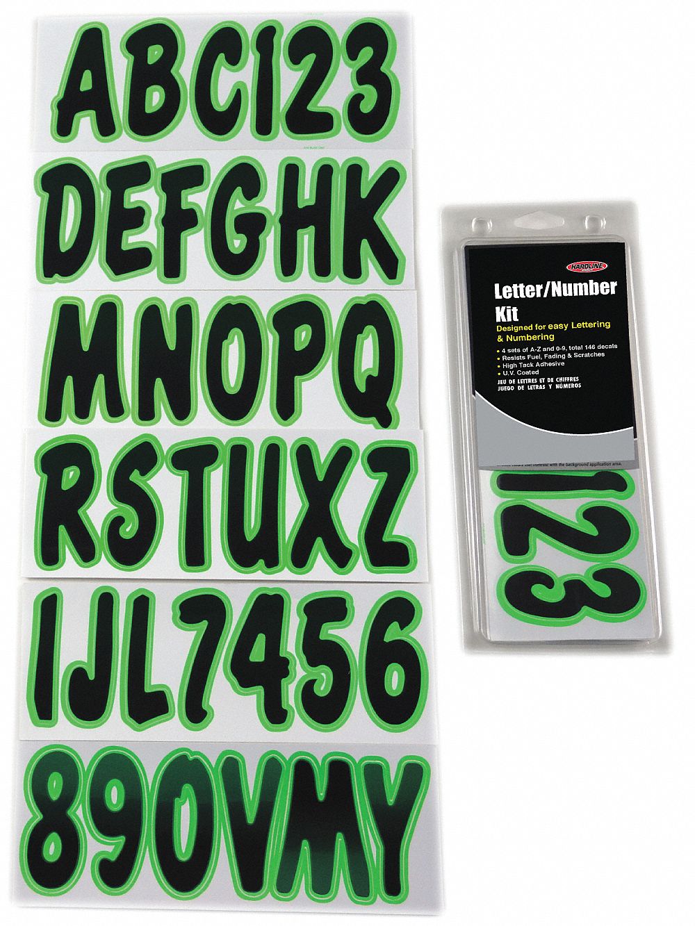 HARDLINE PRODUCTS Number and Letter Combo Kit, A Thru Z, 0 Thru 9, Black/Green, 3" Character Height, 1 EA   Letters and Numbers   48FV35|GBLKKI200