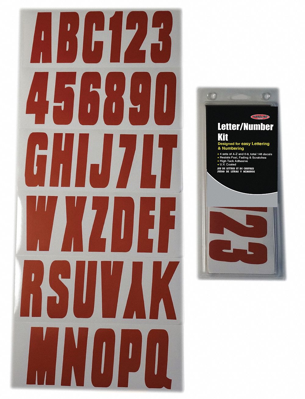 Letter and Number Label Set: 3 in Character Ht, Indoor/Outdoor, Non-Reflective, Proprietary, Red