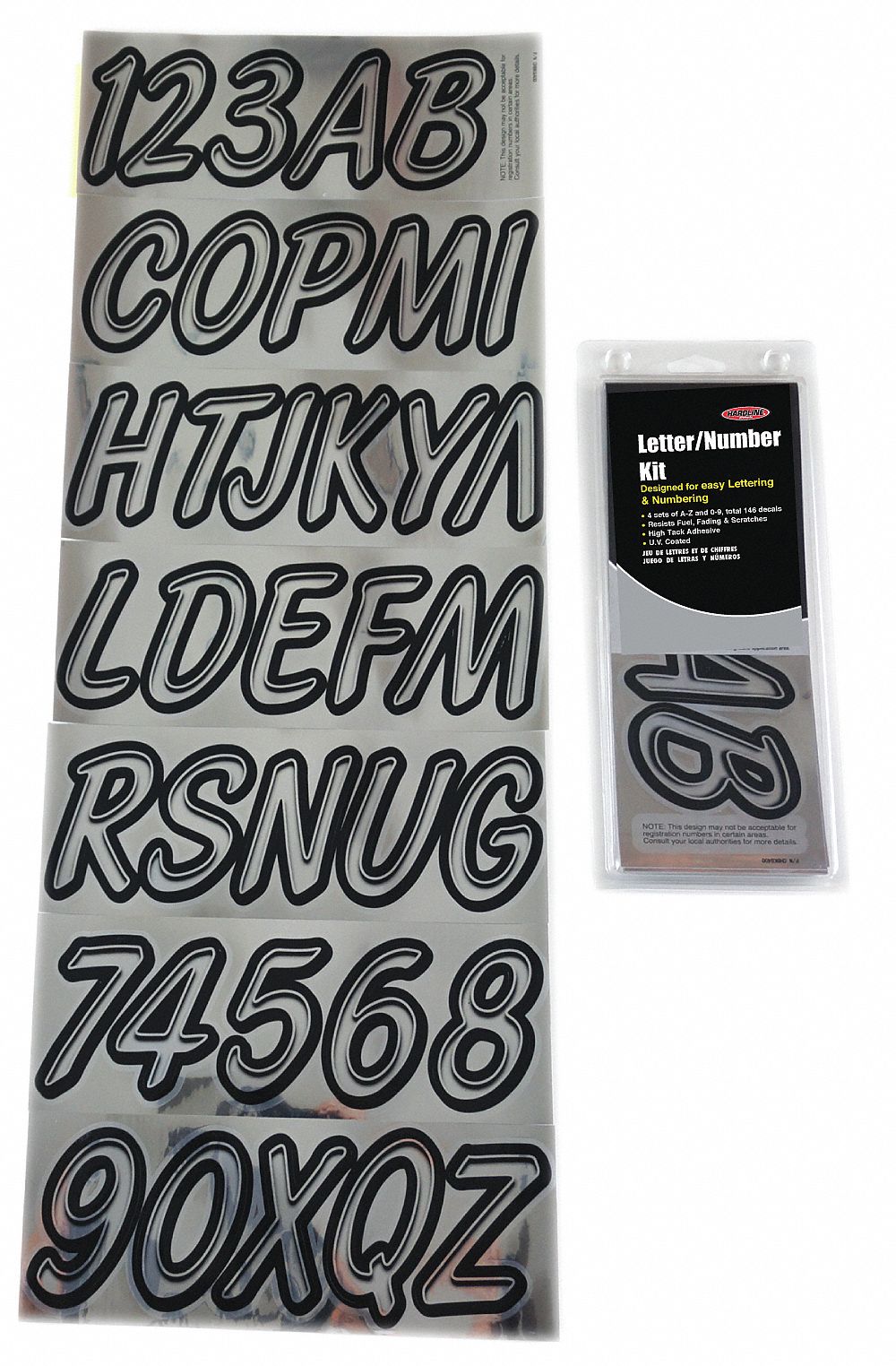 Letter and Number Label Set: Gen Identification/USCG, 3 in Character Ht, Proprietary, Black/Silver