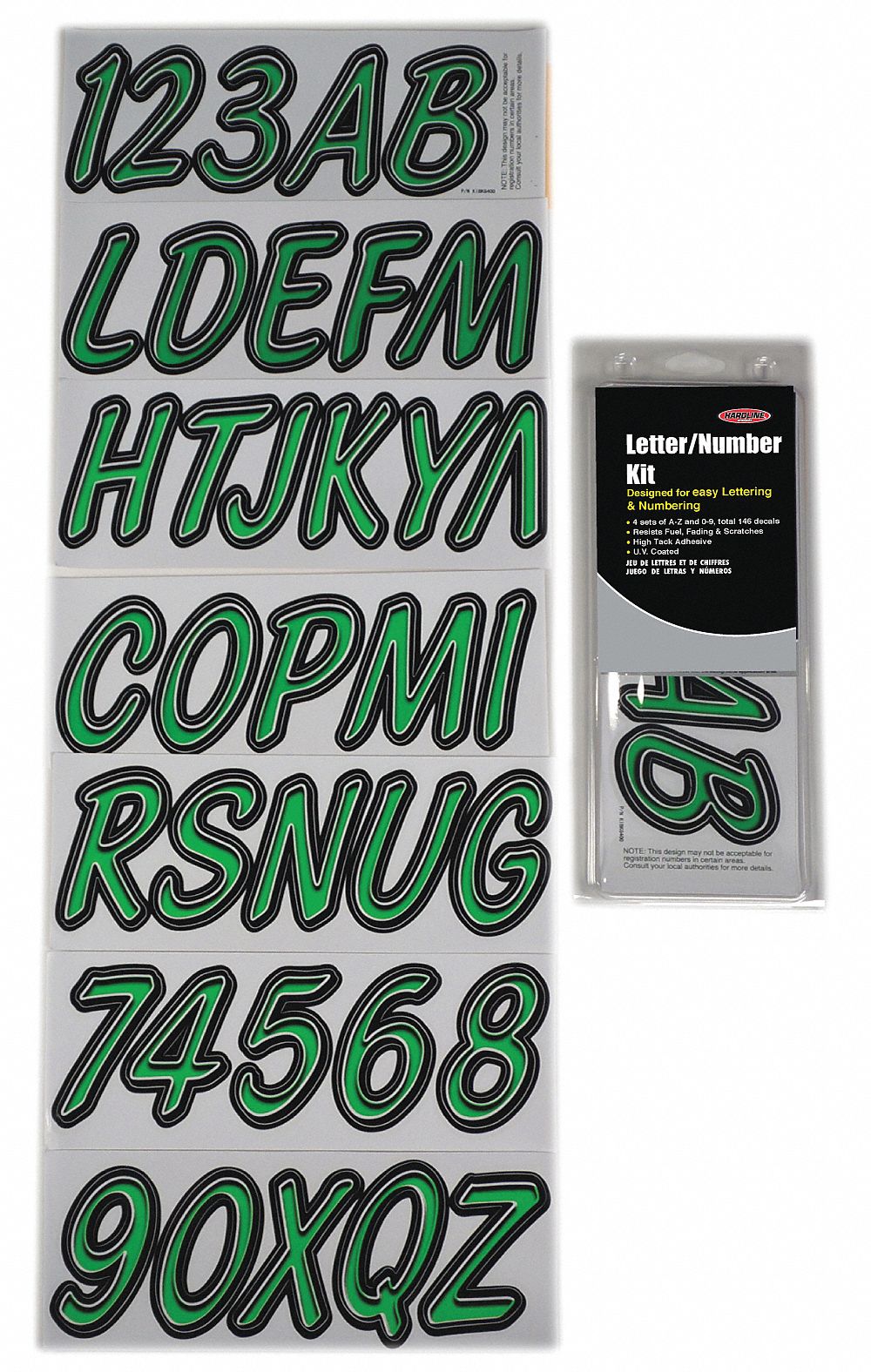 Letter and Number Label Set: Gen Identification/USCG, 3 in Character Ht, Proprietary, Black/Green
