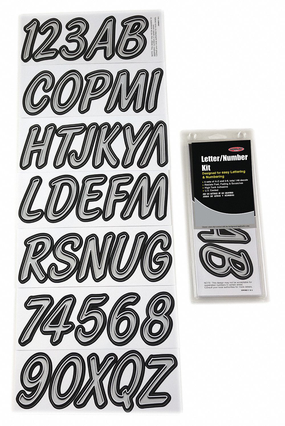 Letter and Number Label Set: Gen Identification/USCG, 3 in Character Ht, Proprietary, Black/Silver