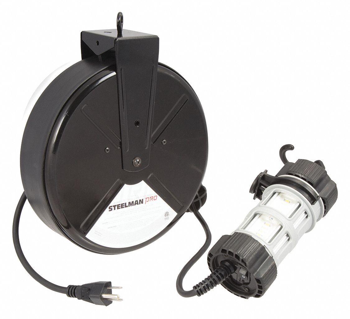 Extension Cord Reel with Hand Lamp, LED Lamp, 120V AC, Retractable Cord Length 30 ft Grainger