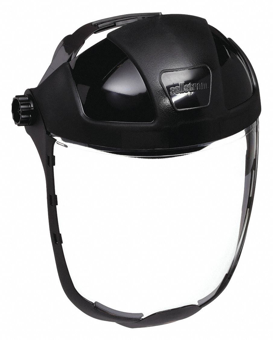 FACESHIELD, FULL CROWN, RATCHET, BLK/CLEAR, ANTI-FOG, NYLON/PC, CSA, 9X12⅛X0.06 IN