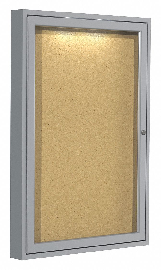 Enclosed Bulletin Board: Swing Door, 36 in Overall Ht, 24 in Overall Wd, Natural, Wall Mounted