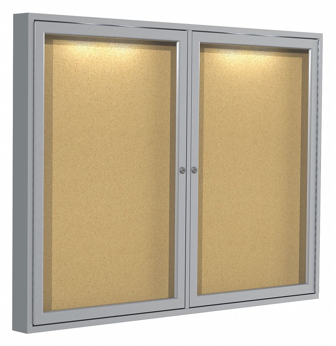 Enclosed Bulletin Board: Swing Door, 36 in Overall Ht, 47 1/8 in Overall Wd, Natural, Silver