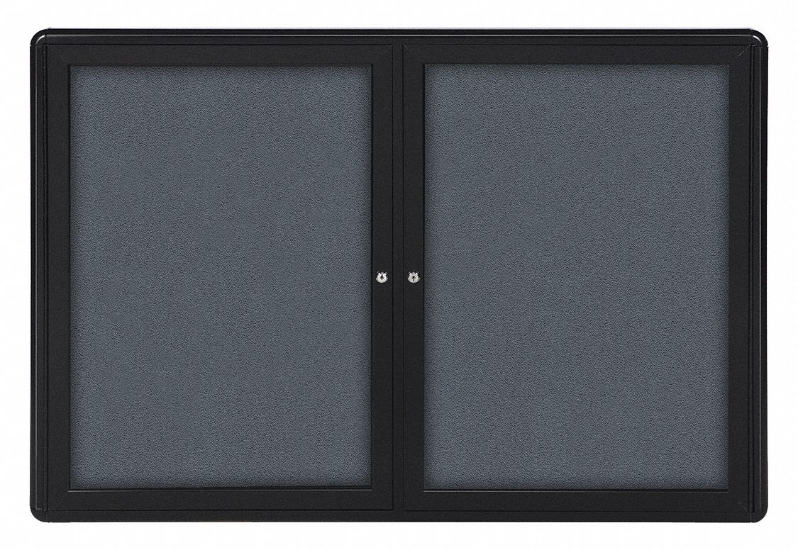 Enclosed Bulletin Board: Swing Door, 36 1/8 in Overall Ht, 60 1/8 in Overall Wd, Gray, Black