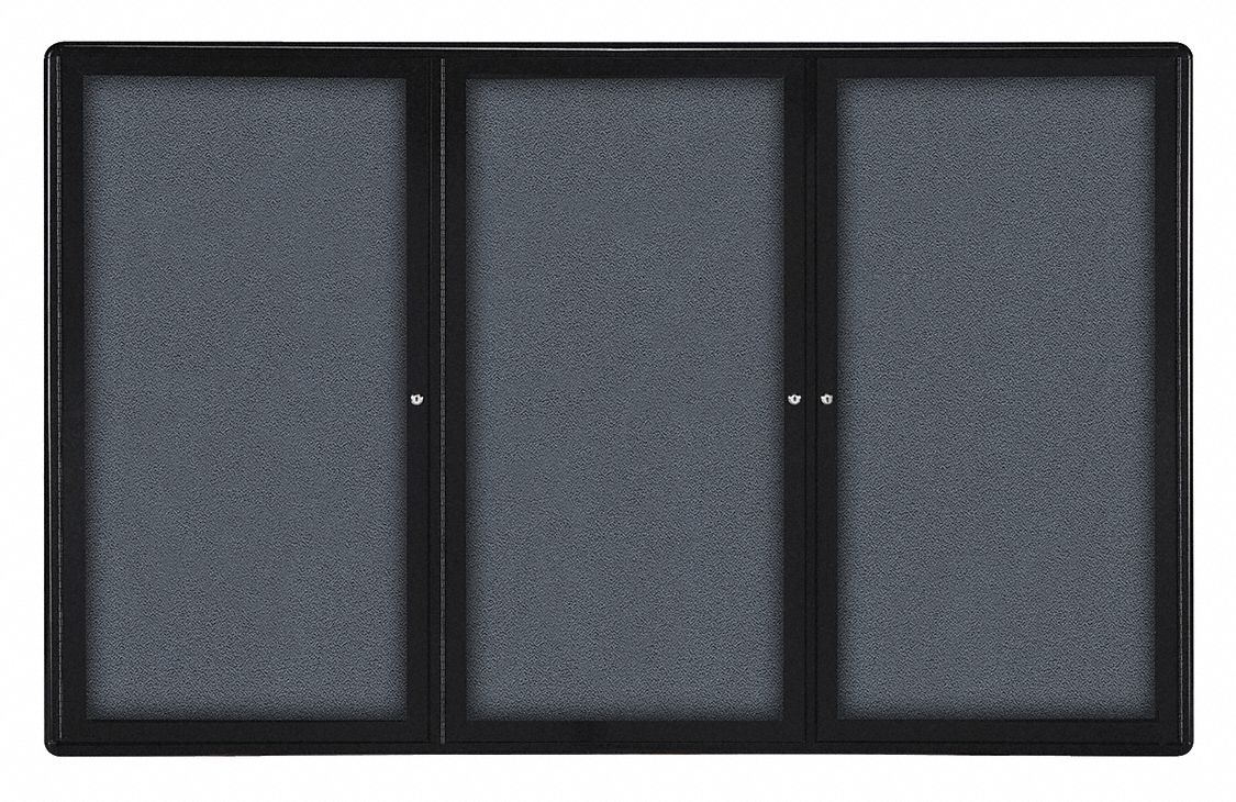 Enclosed Bulletin Board: Swing Door, 48 1/8 in Overall Ht, 72 1/8 in Overall Wd, Gray, Black