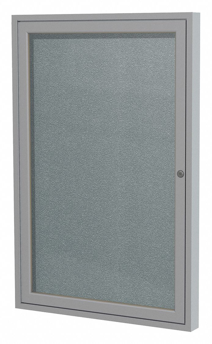 Enclosed Bulletin Board: Swing Door, Aluminum, 36 in Overall Ht, 36 in Overall Wd, Gray, Vinyl