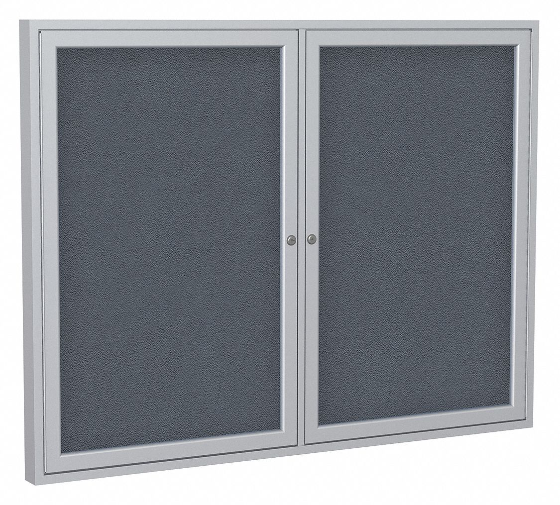 Enclosed Bulletin Board: Swing Door, Aluminum, 36 in Overall Ht, 48 in Overall Wd, Gray