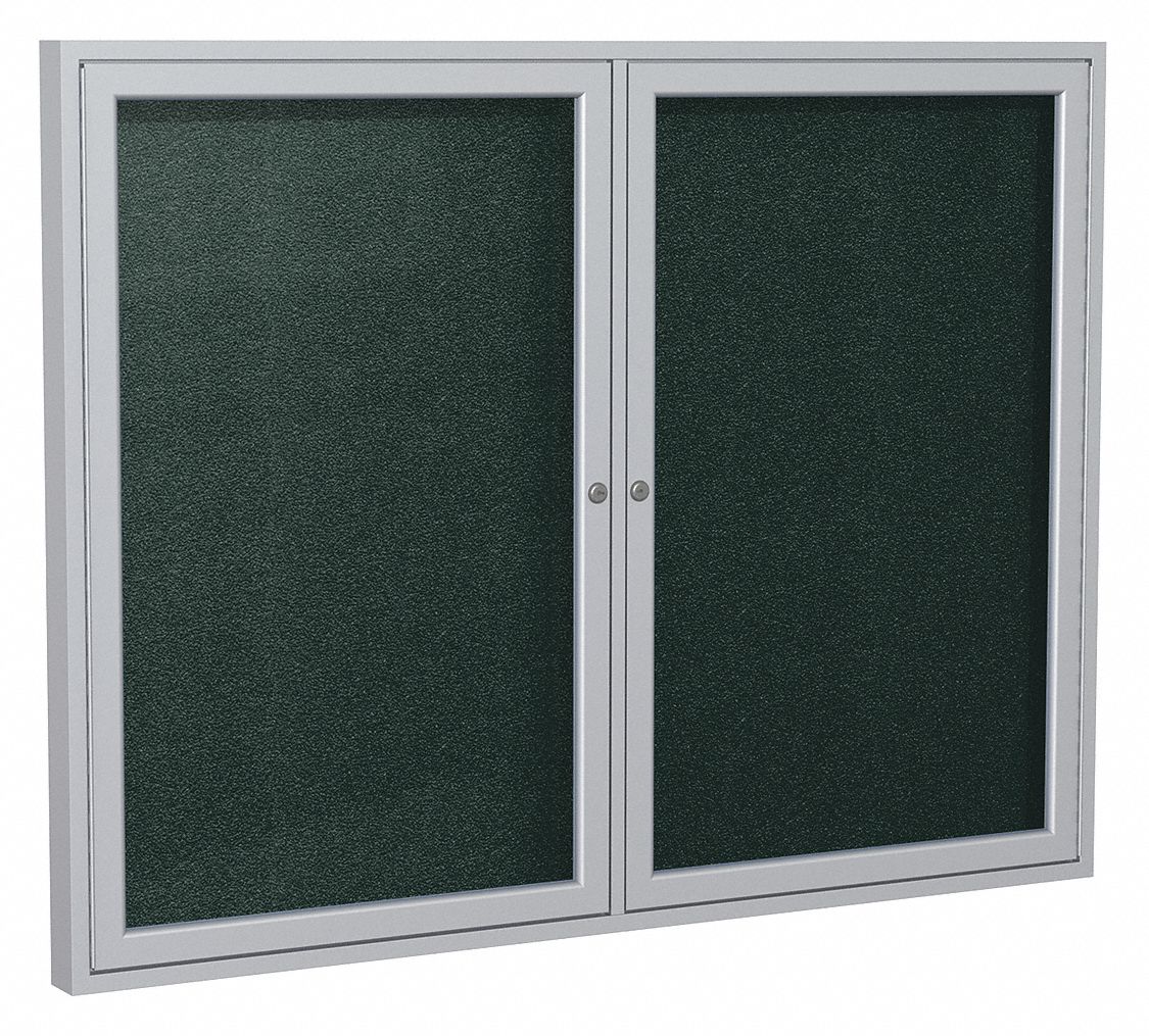 Enclosed Bulletin Board: Swing Door, Aluminum, 36 in Overall Ht, 48 in Overall Wd, Black