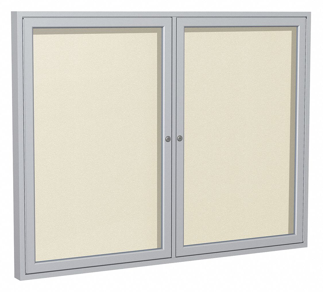 Enclosed Bulletin Board: Swing Door, Aluminum, 36 in Overall Ht, 48 in Overall Wd, White