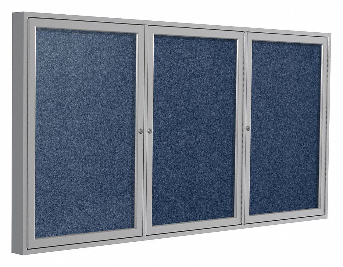 Enclosed Bulletin Board: Swing Door, Aluminum, 48 in Overall Ht, 72 in Overall Wd, Blue, Vinyl