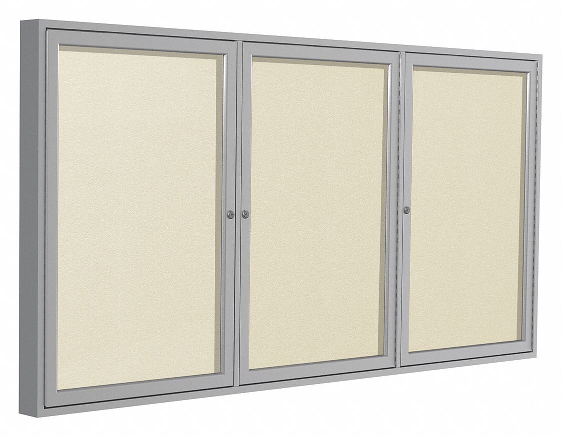 Enclosed Bulletin Board: Swing Door, Aluminum, 48 in Overall Ht, 96 in Overall Wd, White