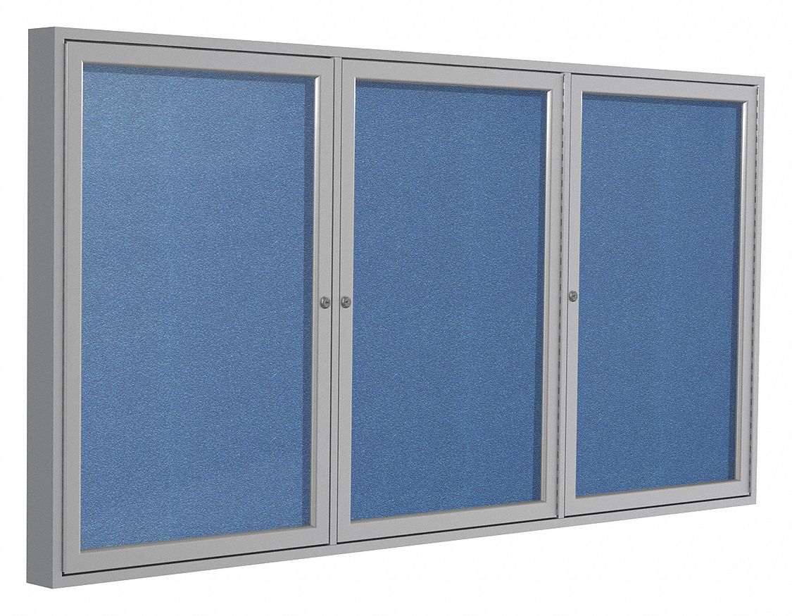 Enclosed Bulletin Board: Swing Door, Aluminum, 48 in Overall Ht, 96 in Overall Wd, Blue, Vinyl