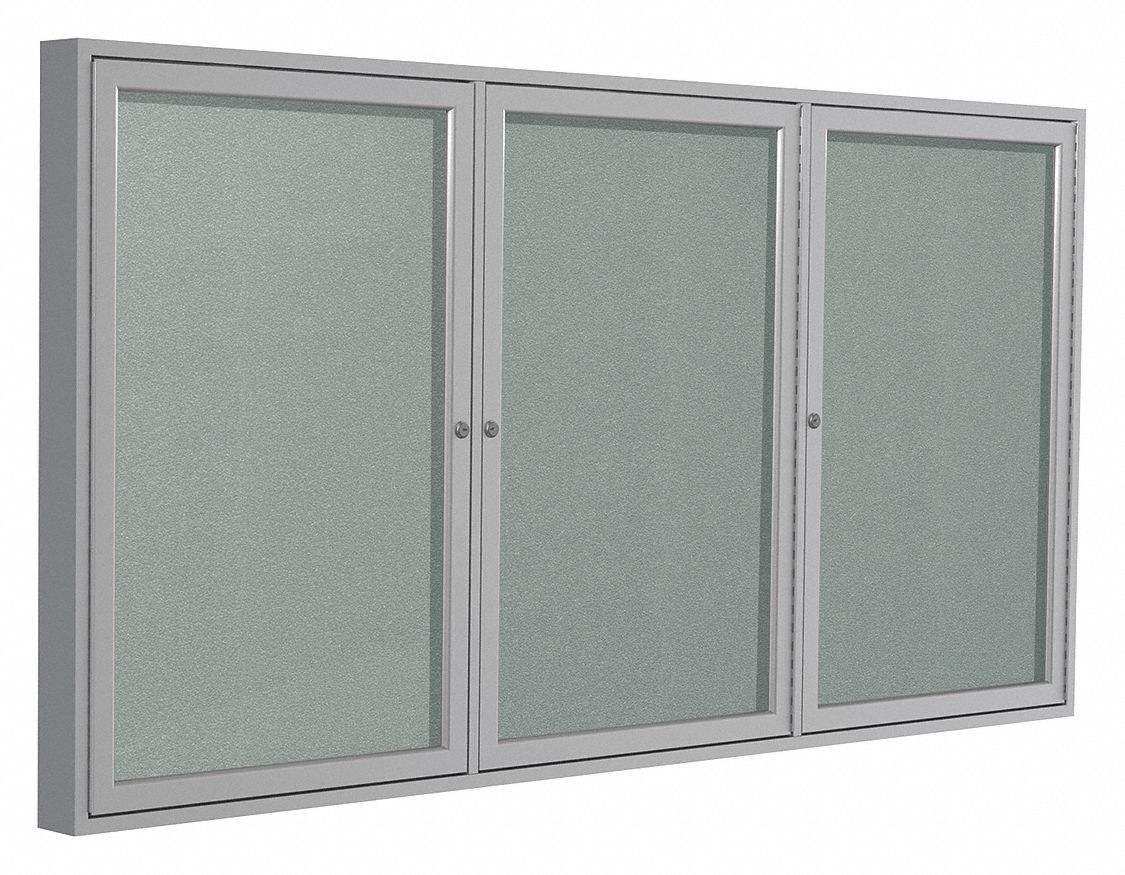 Enclosed Bulletin Board: Swing Door, Aluminum, 48 in Overall Ht, 96 in Overall Wd, Silver
