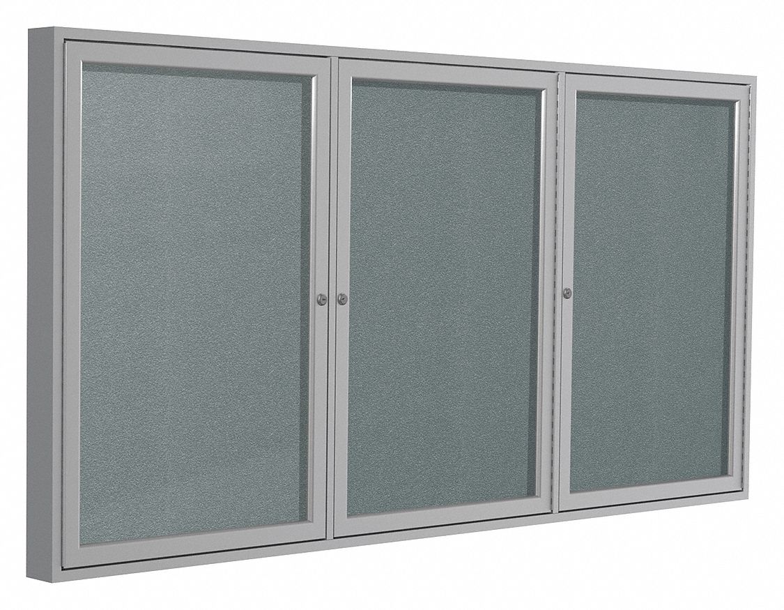 Enclosed Bulletin Board: Swing Door, Aluminum, 48 in Overall Ht, 96 in Overall Wd, Gray, Vinyl