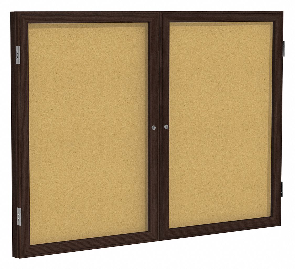 Enclosed Bulletin Board: Swing Door, 36 in Overall Ht, 48 in Overall Wd, Natural, Wall Mounted