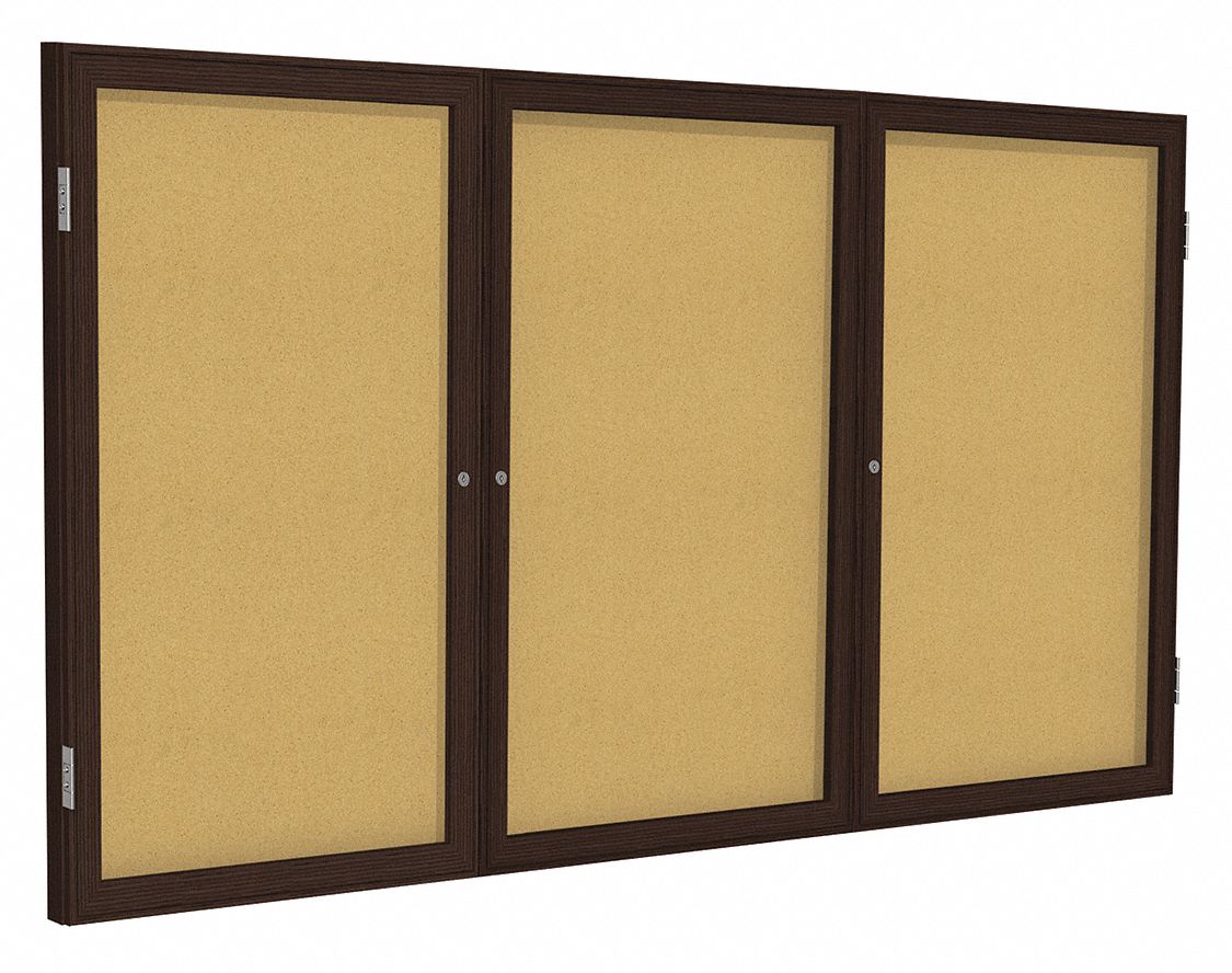 Enclosed Bulletin Board: Swing Door, 36 in Overall Ht, 72 in Overall Wd, Natural, Wall Mounted