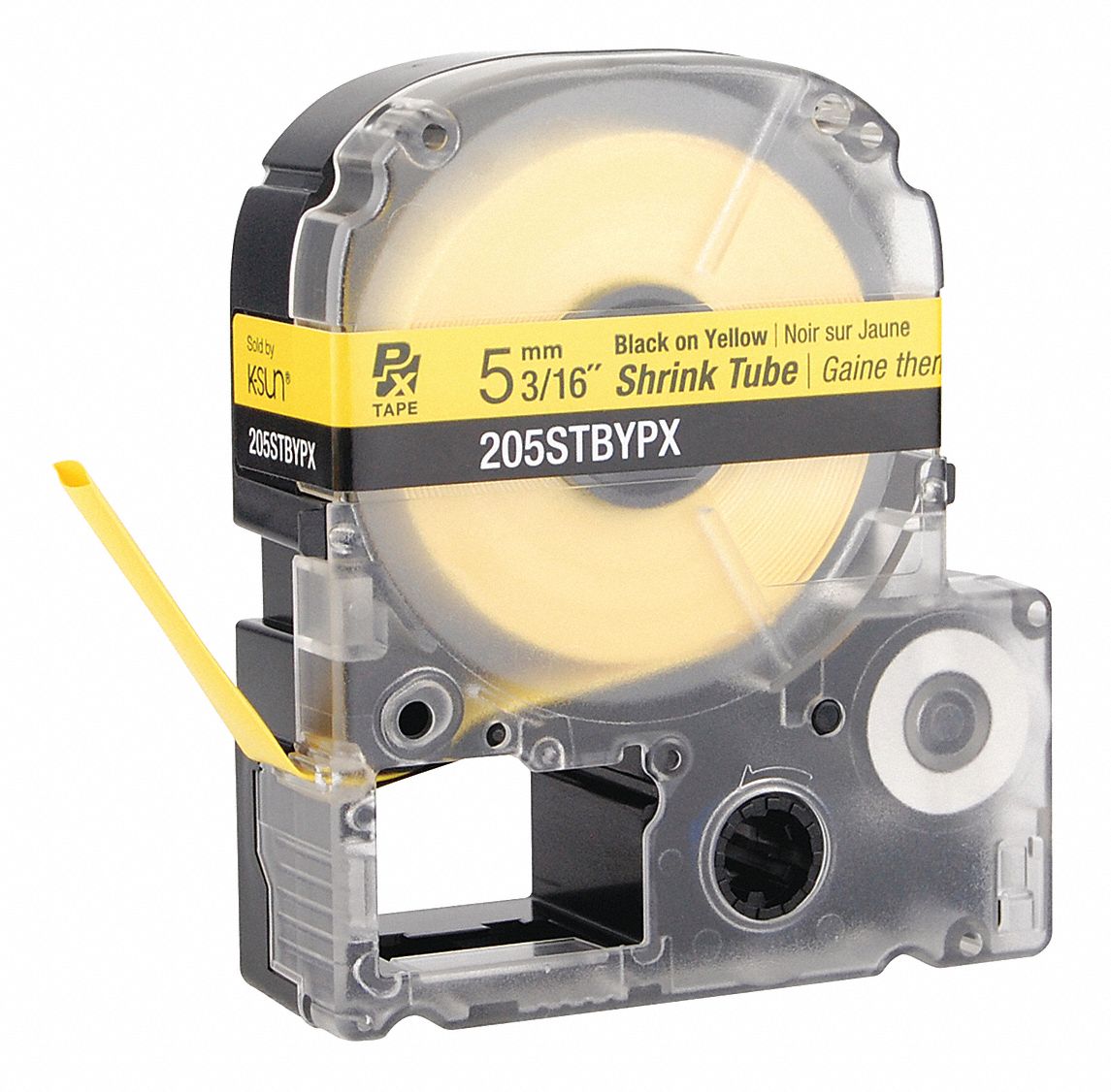 CONTINUOUS LABEL ROLL CARTRIDGE, HEAT SHRINK TUBE, BLACK ON YLW, 0.187 IN W