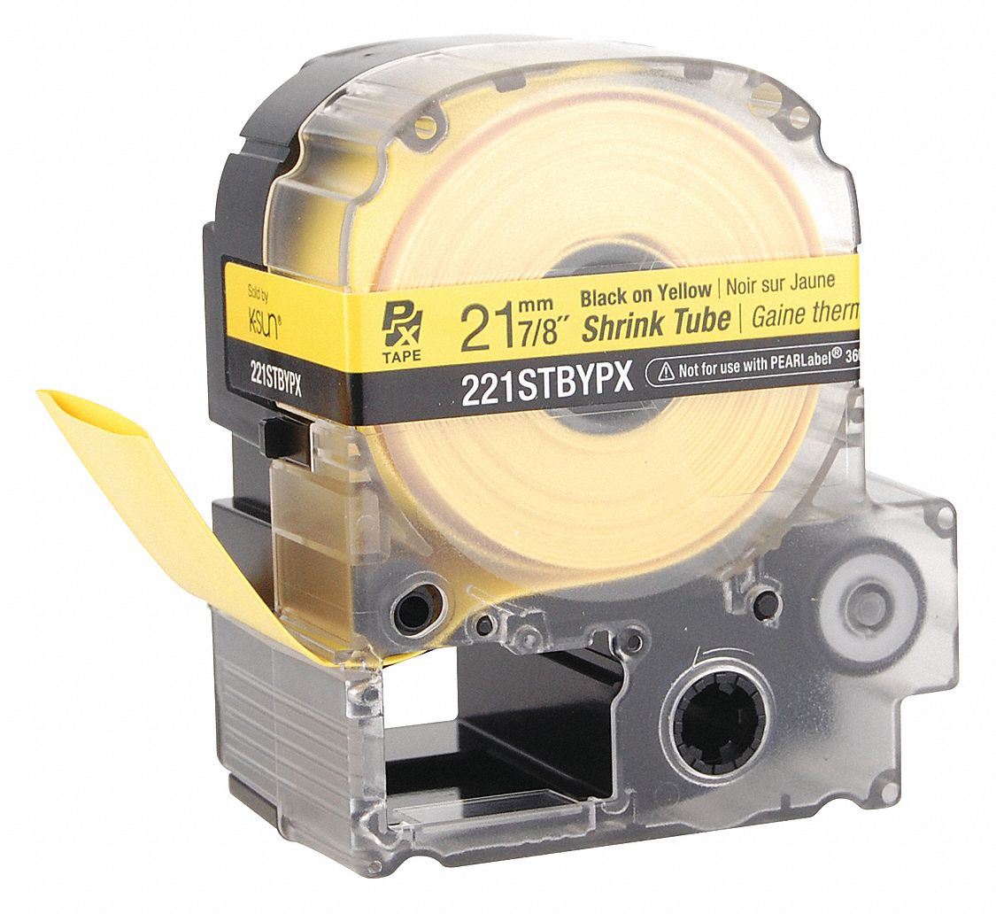 CONTINUOUS LABEL ROLL CARTRIDGE, HEAT SHRINK TUBE, BLACK ON YLW, 0.875 IN W