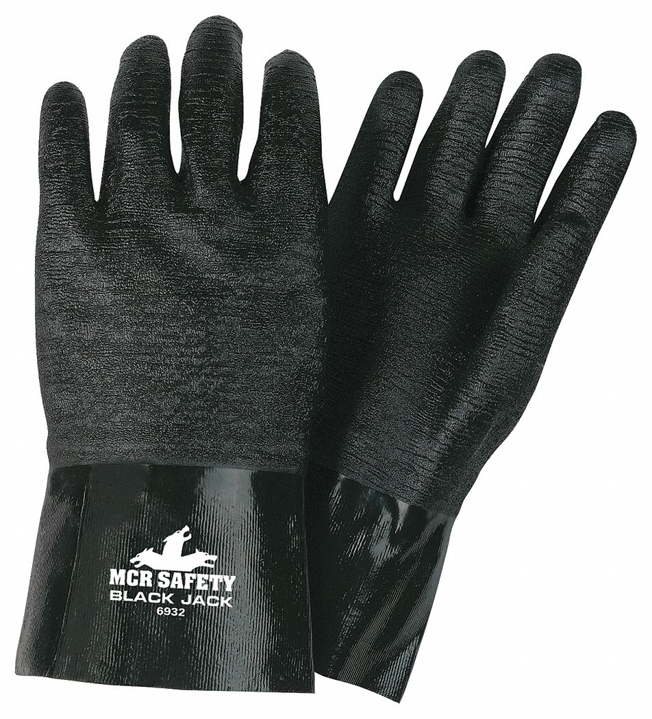 Chemical-Resistant Gloves: 6932, MCR SAFETY BlackJack, L Glove Size, L, 12 in Glove Lg, Black, 12 PK
