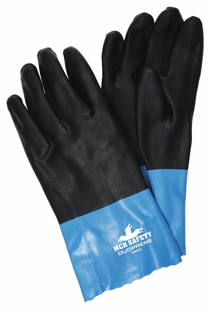 CHEMICAL RESISTANT GLOVES, 12 IN LENGTH, GRAIN, L, BLACK/BLUE, GEN PURPOSE