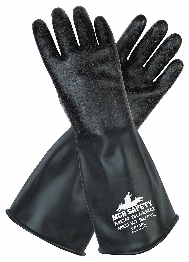 CHEMICAL RESISTANT GLOVES, 14 MIL, 14 IN LENGTH, ROUGH, L, BLACK