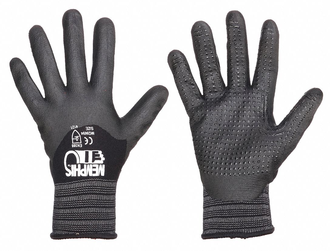 Coated Gloves: XS ( 6 ), Dotted, Nitrile, Palm, Dotted/Double Dipped, Full Finger, 12 PK