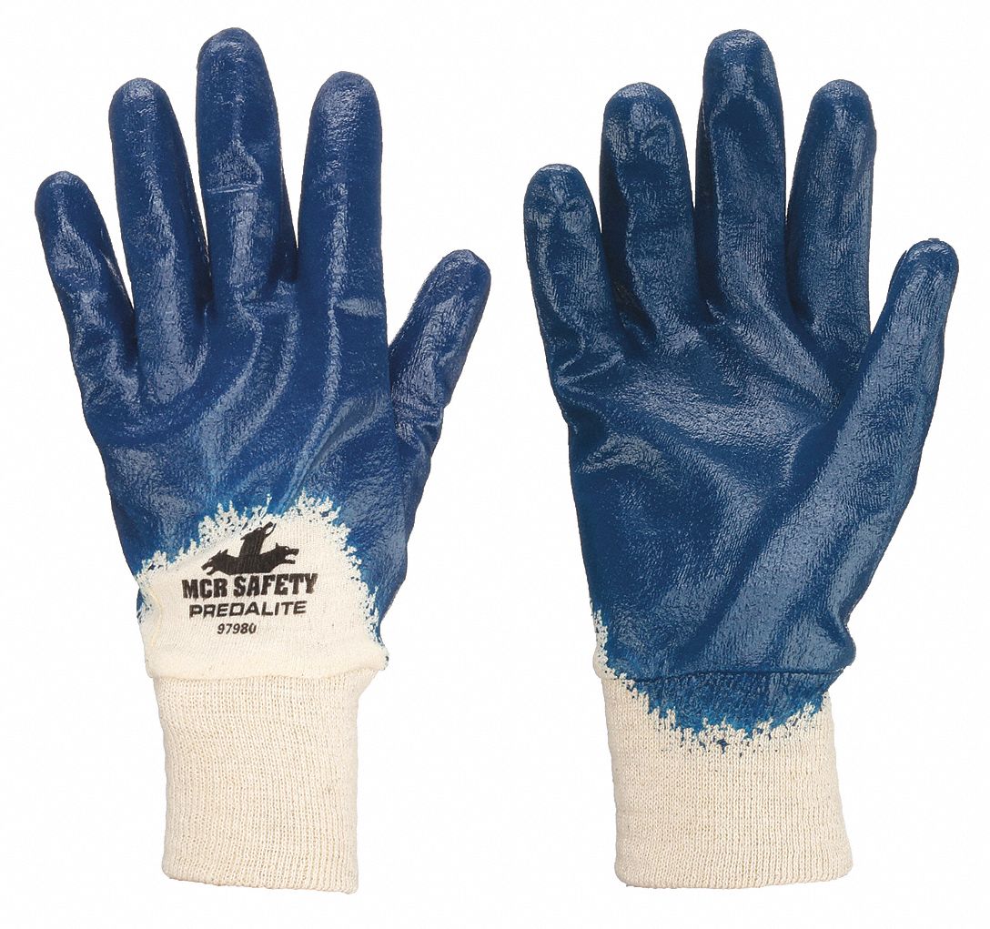 COATED GLOVES, L, FLAT, NITRILE, ¾, ANSI ABRASION LEVEL 3, WHITE/BLUE