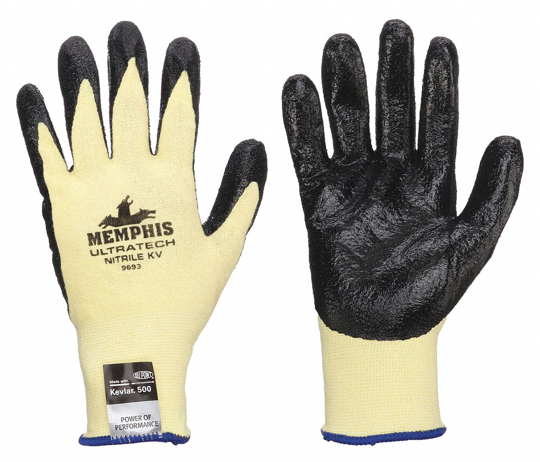 GANTS EN TRICOT, TG(10), R&Eacute;SISTANCE AUX COUPURES DE NIVEAU A2 ANSI, PAUME TREMP&Eacute;E, NITRILE, LISSE, JAUNE