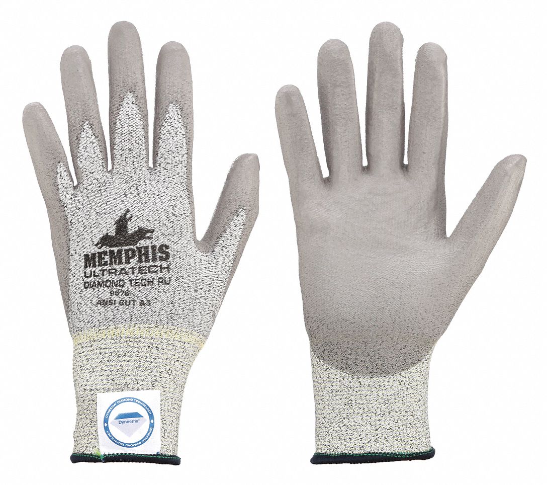 COATED GLOVES, L (9), ANSI CUT LEVEL A3, DIPPED PALM, PUR, SMOOTH, GREY