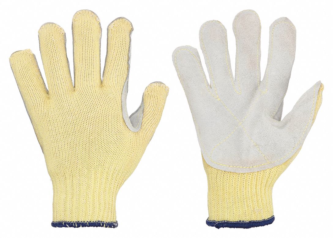 Leather Gloves: L ( 9 ), Leather Palm Knit Glove, Cowhide, Std, ANSI Cut Level A2, 12 PK
