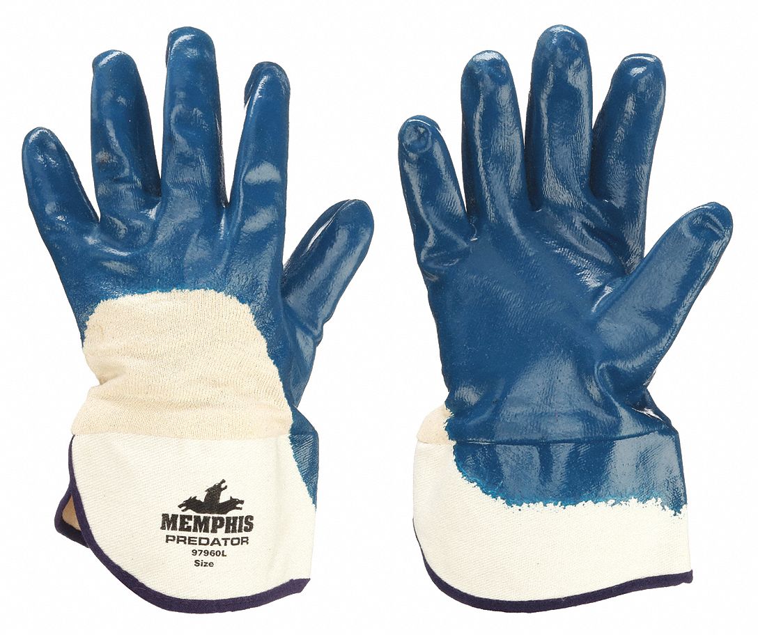 COATED GLOVES, L, SMOOTH, NITRILE,¾, ANSI ABRASION LEVEL 3, WHITE/BLUE, KNIT WRIST