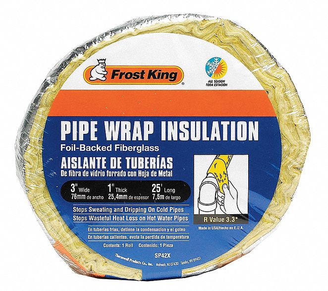 Pipe Insulation Wrap: Wrap, Fiberglass, 1 in Thick, 3 in W, 25 ft Lg, 3.3 R-Value