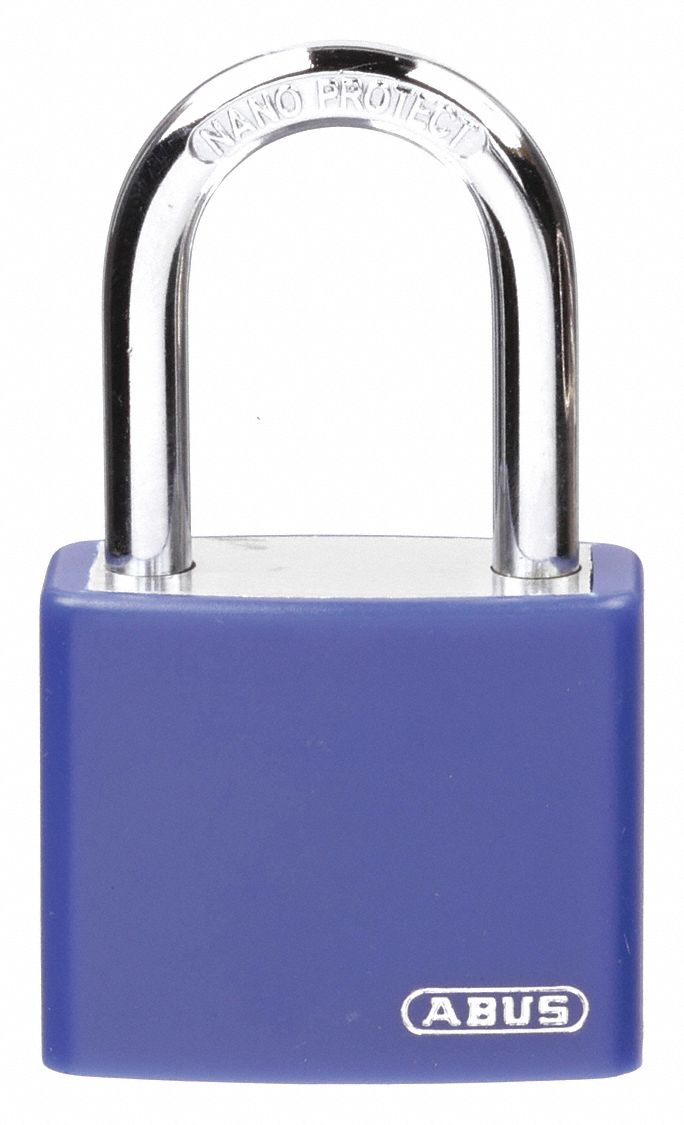 LOCKOUT PADLOCK, KEYED ALIKE, ALUMINUM, COMPACT BODY, HARDENED STEEL, BLUE, 1-7/16 IN H