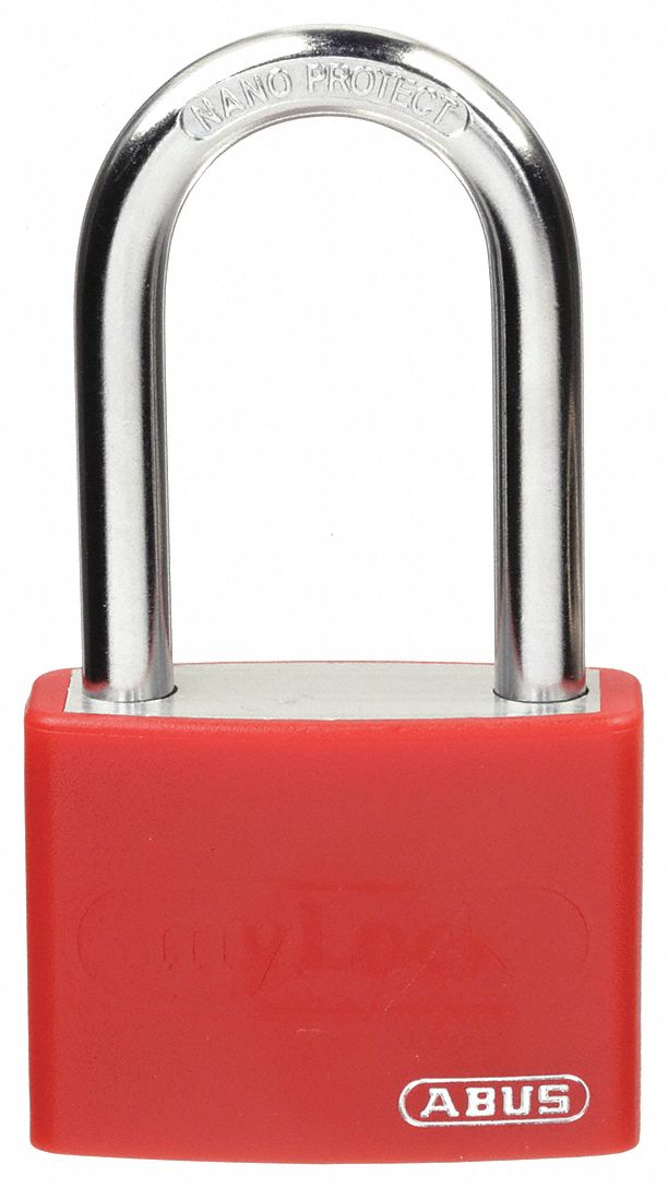 LOCKOUT PADLOCK, KEYED DIFFERENT, ALUMINUM, COMPACT BODY, HARDENED STEEL, RED, 2 IN H